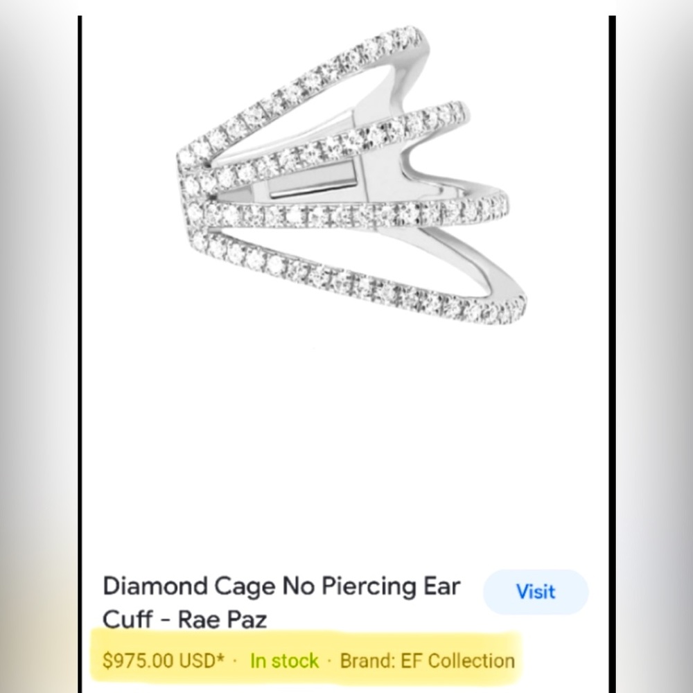 Luxury EF Collection Pave Diamond Earrings 14k White Gold Mid-Ear Cuff w/ hinge